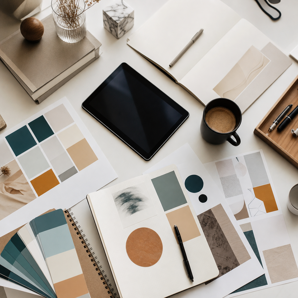 Creative branding workspace with colour palettes, notebooks and printed layouts