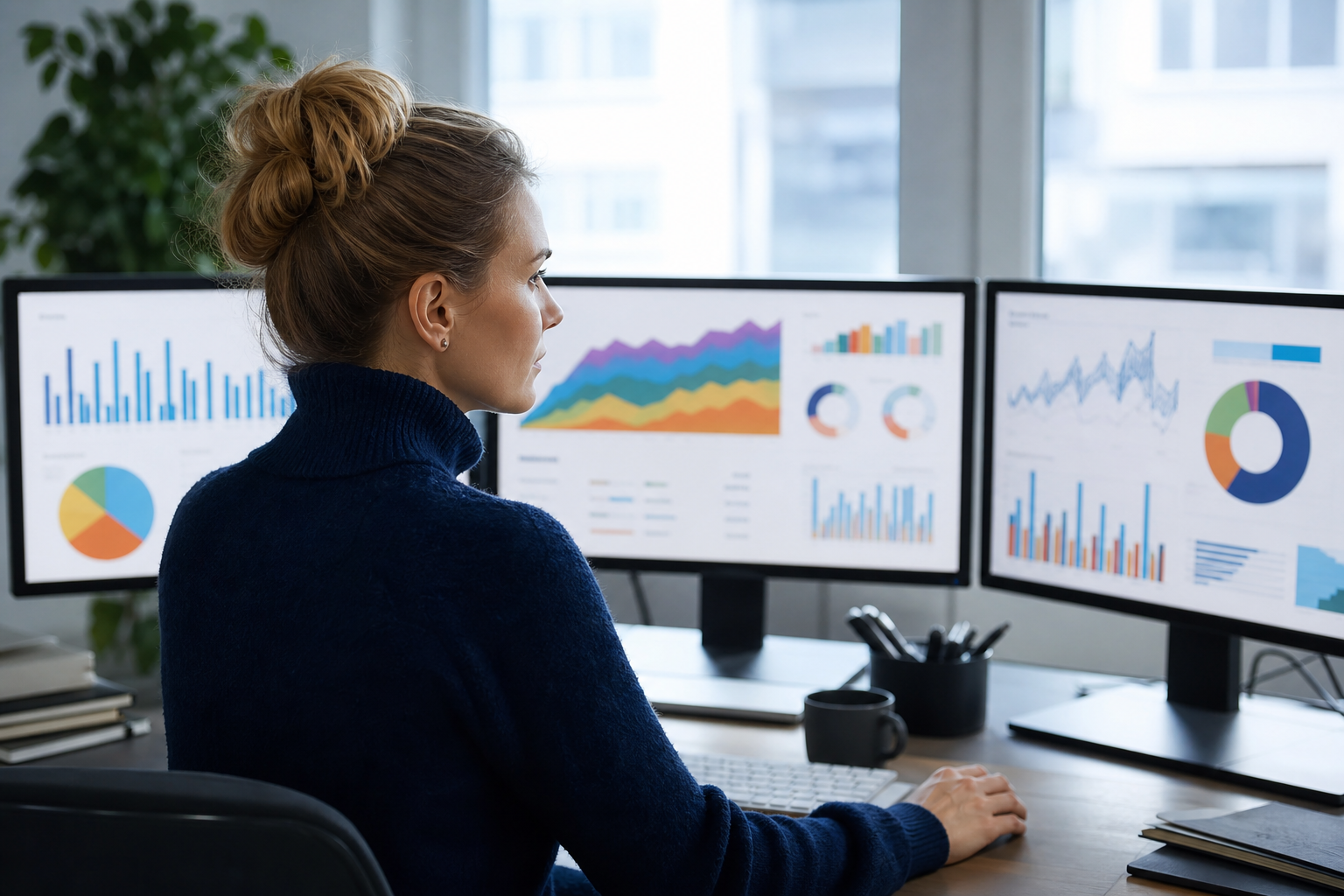 Marketing analyst reviewing campaign performance charts across multiple screens