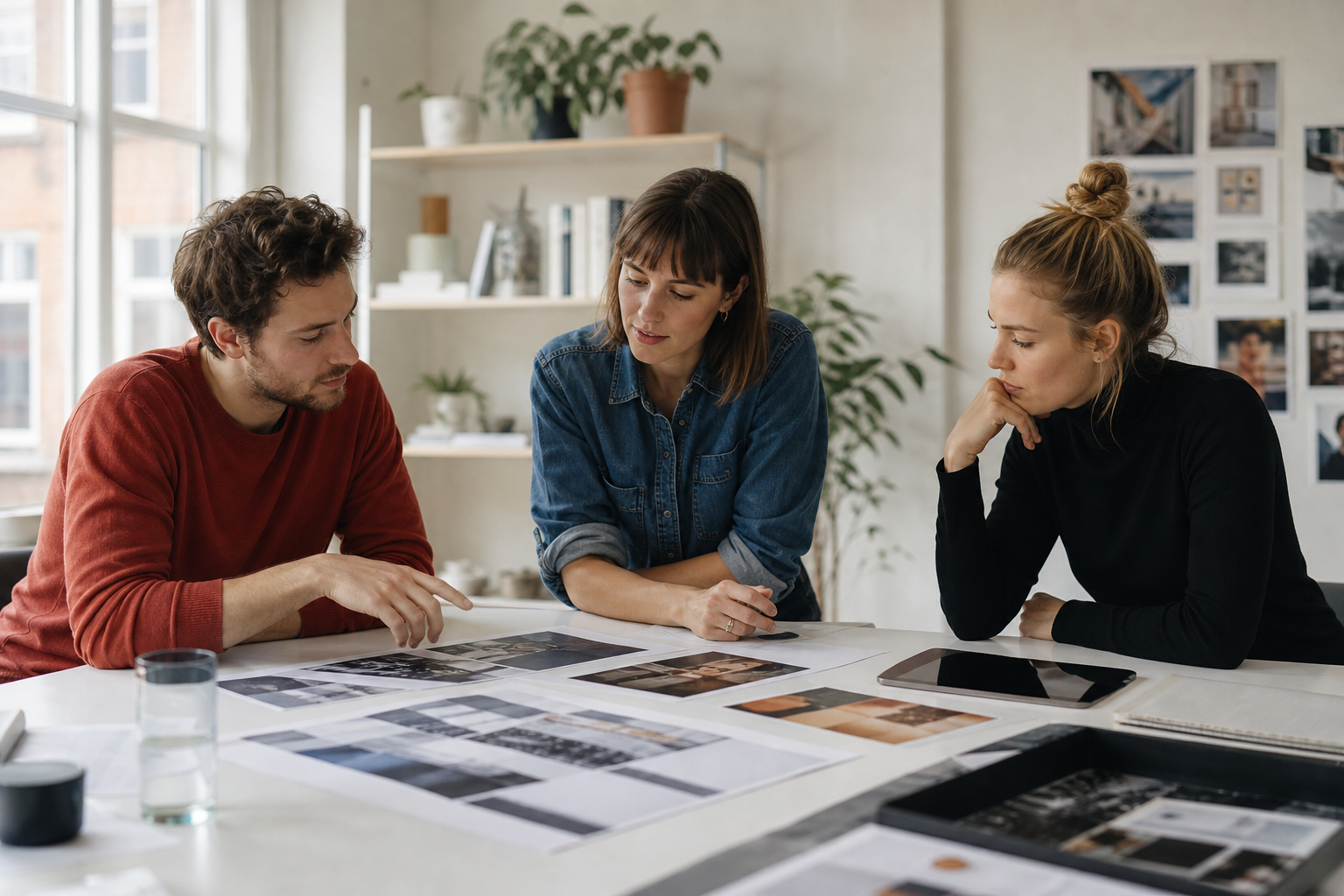 Creative marketing team preparing campaign assets and reviewing digital content