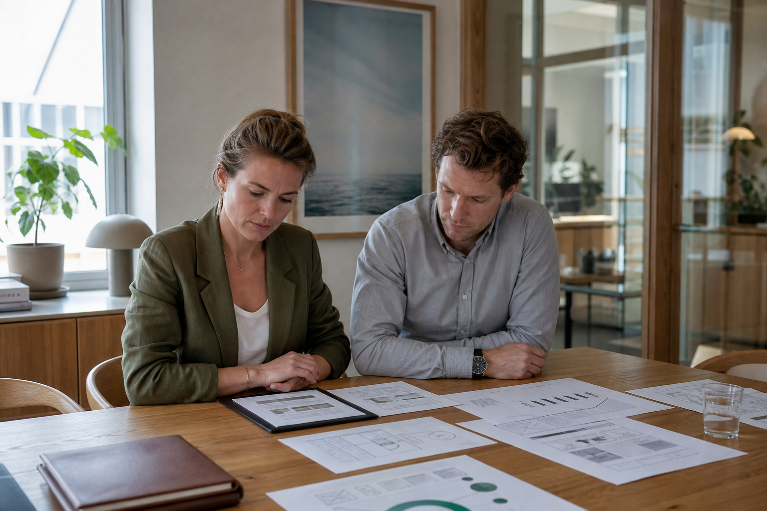 Two professionals reviewing printed marketing plans and analytics in a strategy workshop