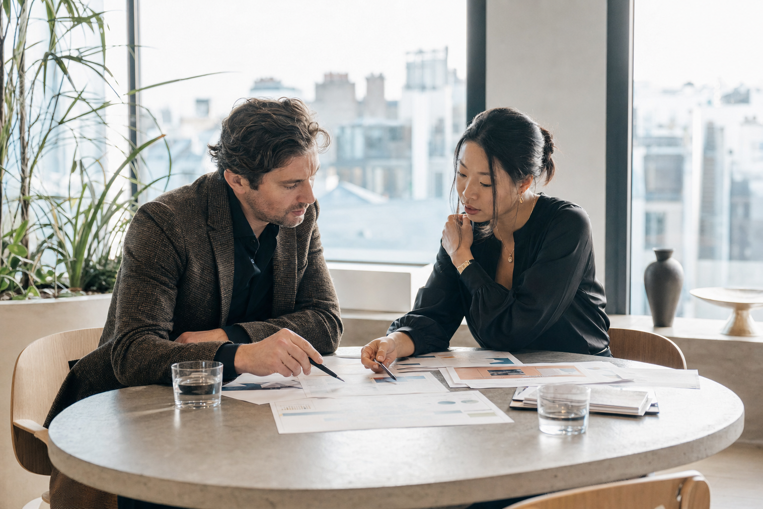 Two marketing strategists discussing business goals over planning documents