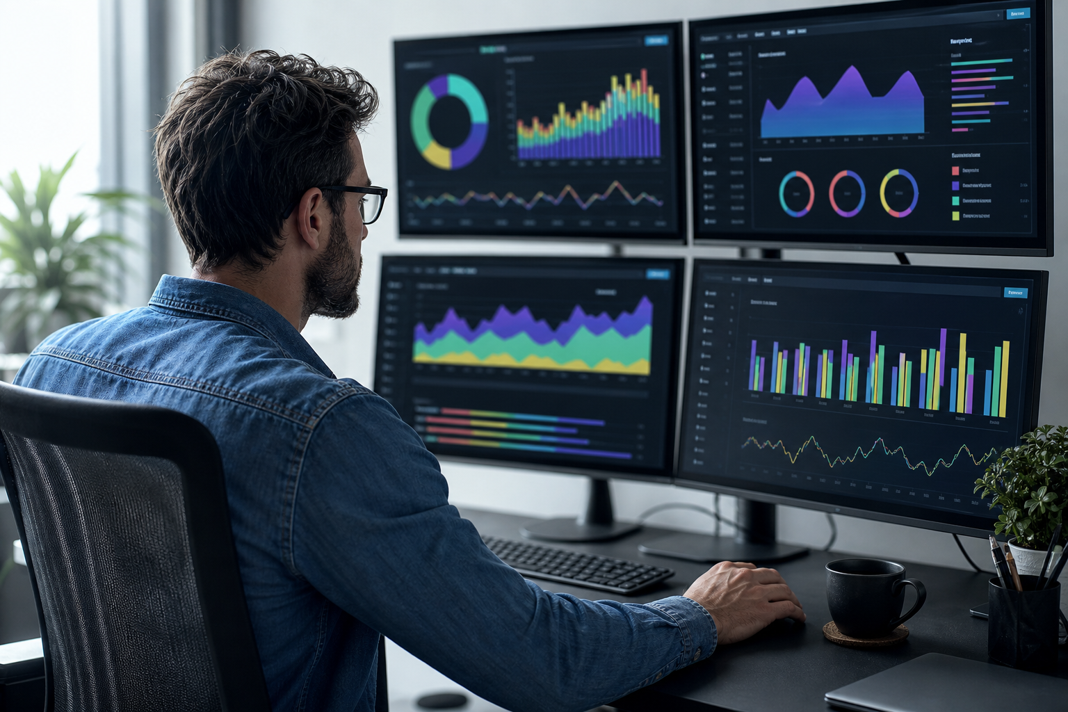 Digital advertising specialist analysing campaign performance across multiple monitors