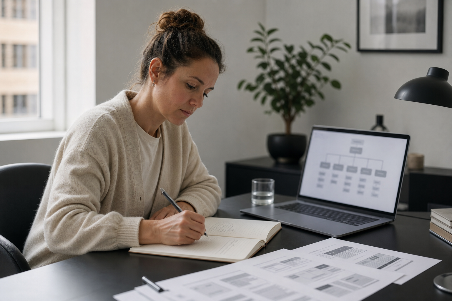 Content specialist working on SEO planning with laptop, notebook and wireframes