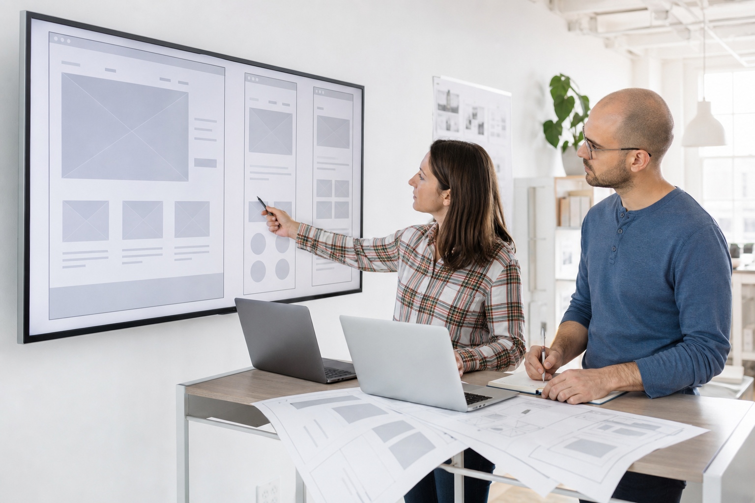 UX designers reviewing responsive website wireframes on large screens